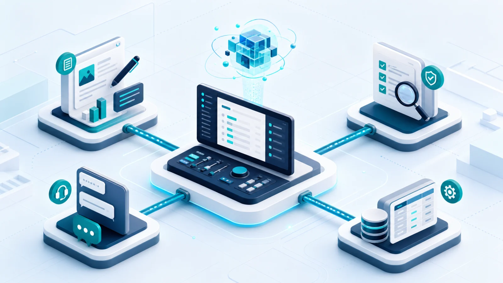 Editorial illustration of a controlled workflow connecting content, support, quality, and data tasks